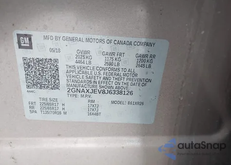 2018 Chevrolet Equinox Lt из США, поврежденный, VIN 2GNAXJEV8J6338126